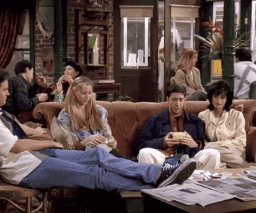 Opening scene from Friends where Rachel comes into Central Perk in her wedding dress. The rest of the cast see her from the couch and look back.