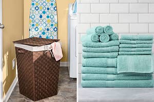 a brown woven hamper and a set of aqua bath towels