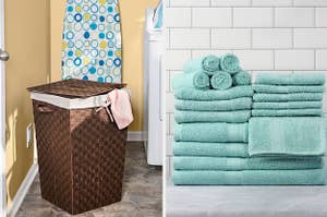 a brown woven hamper and a set of aqua bath towels