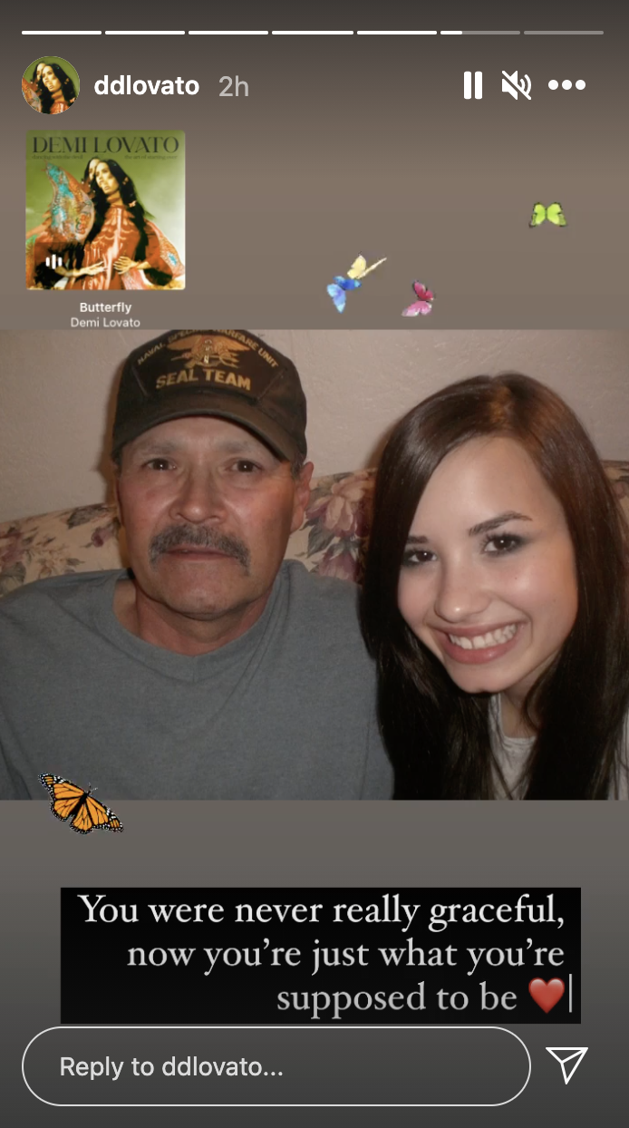 A screenshot of Demi Lovato&#x27;s Instagram Story, which shows a throwback picture of Demi and their late father Patrick Lovato