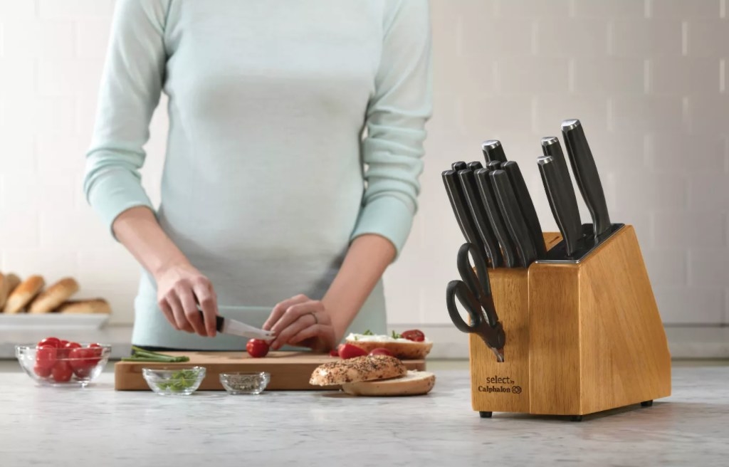 The knife set on a kitchen counter 