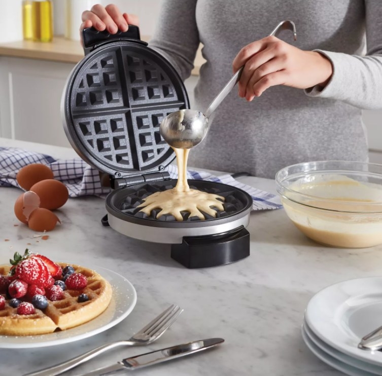 The non-stick Belgian waffle maker on a kitchen counter