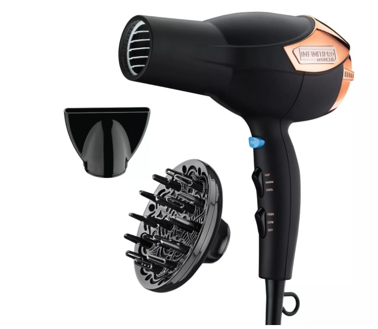 An image of a high-power hair dryer with three programable settings and two drying attachments