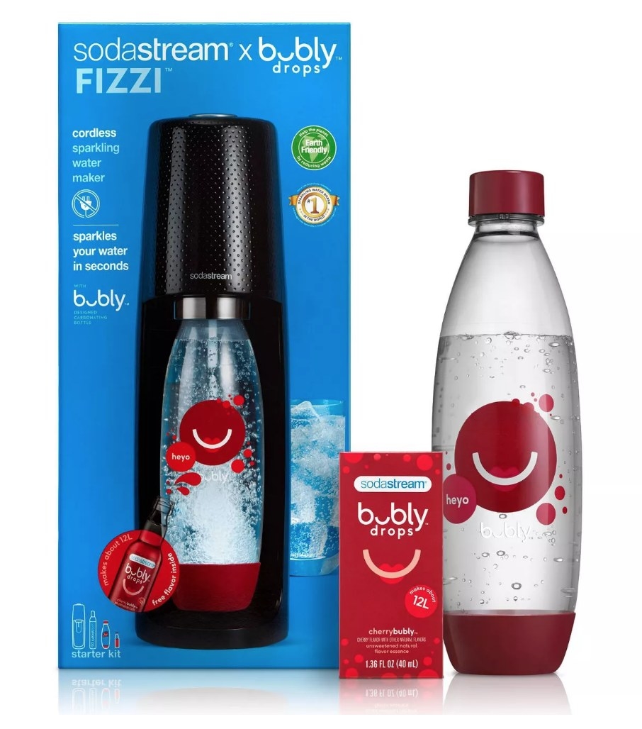 A black SodaStream Fizzi that comes with Bubly drops