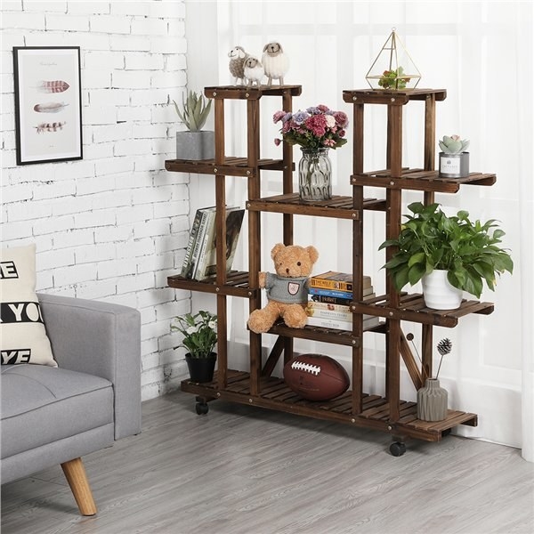 The rolling wooden shelf with decor