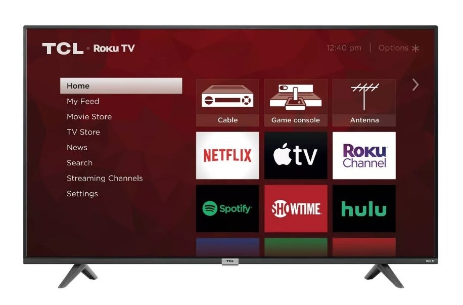 A 55&quot; Class 4-Series 4K UHD HDR Smart Roku TV displaying apps like Hulu, Netflix, and Showtime