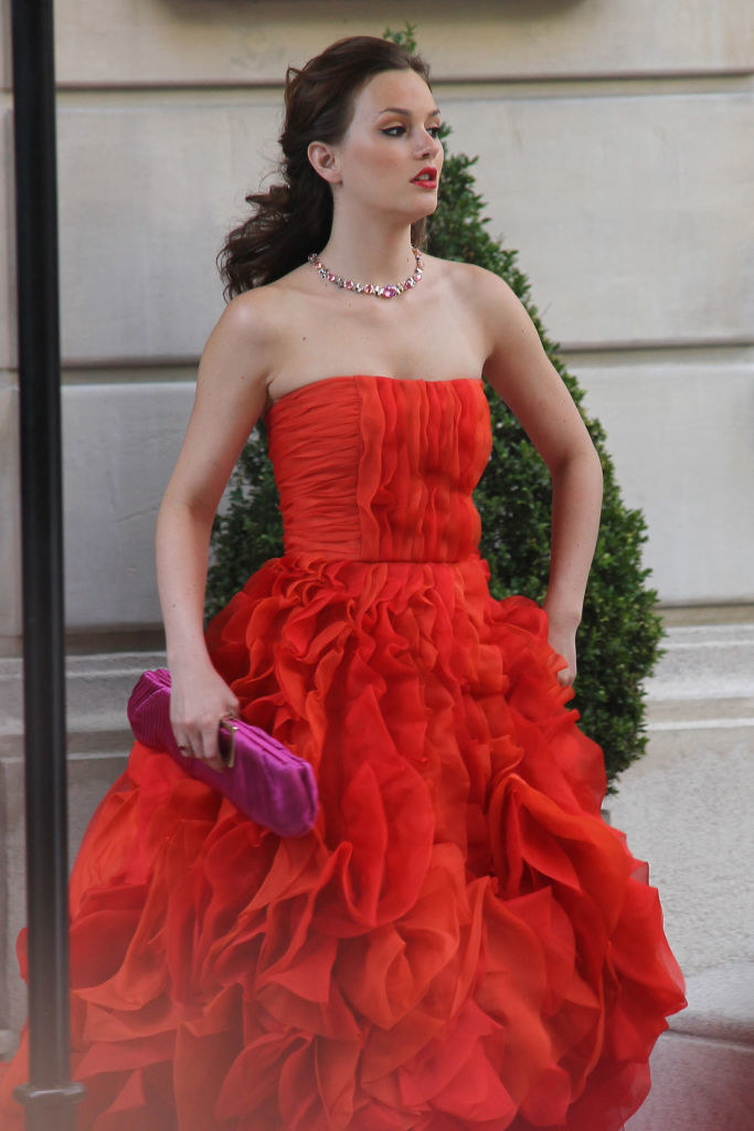 Blair in a strapless ruffled ballgown with a giant ruffled skirt