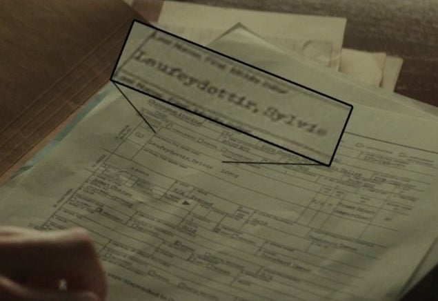 paperwork that says &quot;Sylvie Laufeydottir&quot;