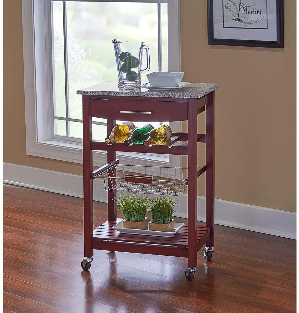 Wooden kitchen cart with gray granite top