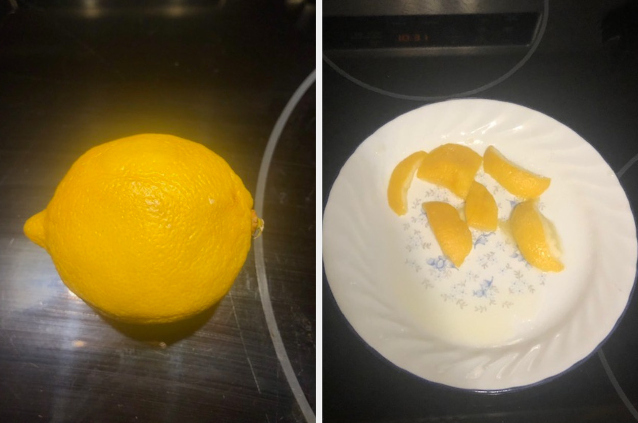 A lemon next to a plate of sliced lemon peel