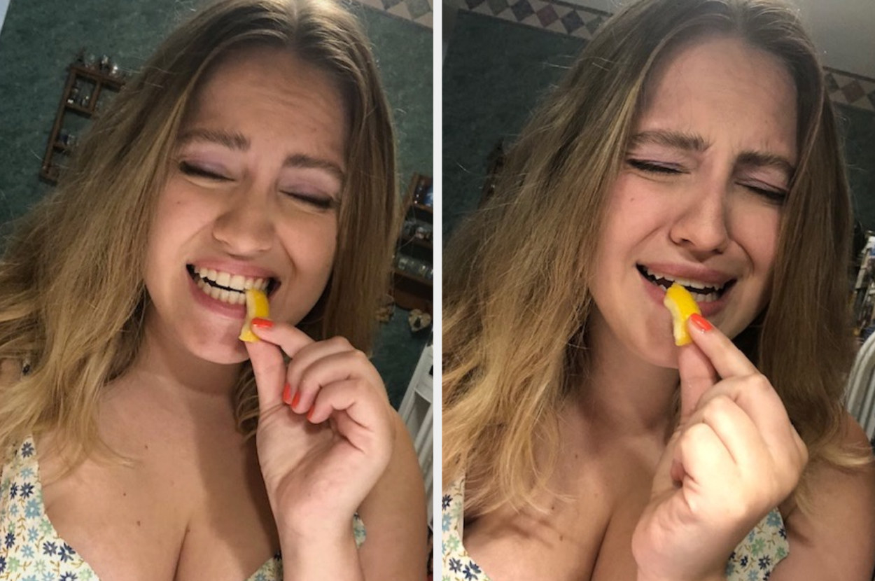 Woman biting a lemon peel, then that woman cringing