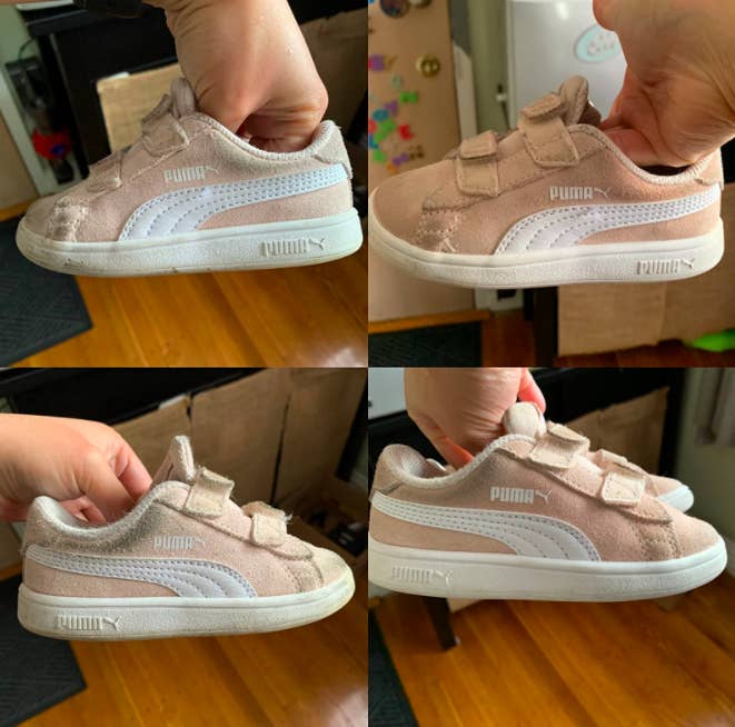 Reviewer&#x27;s before and photos of a toddler&#x27;s puma sneaker to show how dirty it was before the kit and how much cleaner and newer it looks after