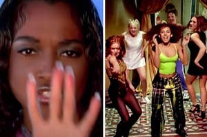 TLC is on the left posing in a video with Spice Girls on the right dancing 
