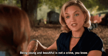 Meredith Blake (played by Elaine Hendrix) says, &quot;Being young and beautiful is not a crime, you know&quot; to Lindsay Lohan on set of &quot;The Parent Trap&quot;