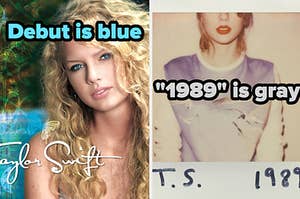 Taylor Swift album cover labeled "Debut is blue" and 1989 album cover labeled "1989 is gray"