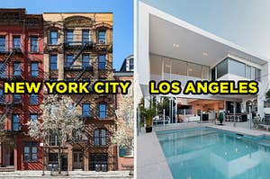 On the left, the exterior of some apartments surrounded by blooming trees labeled "New York City," and on the right, the exterior of a modern home with a swimming pool out back labeled "Los Angeles"