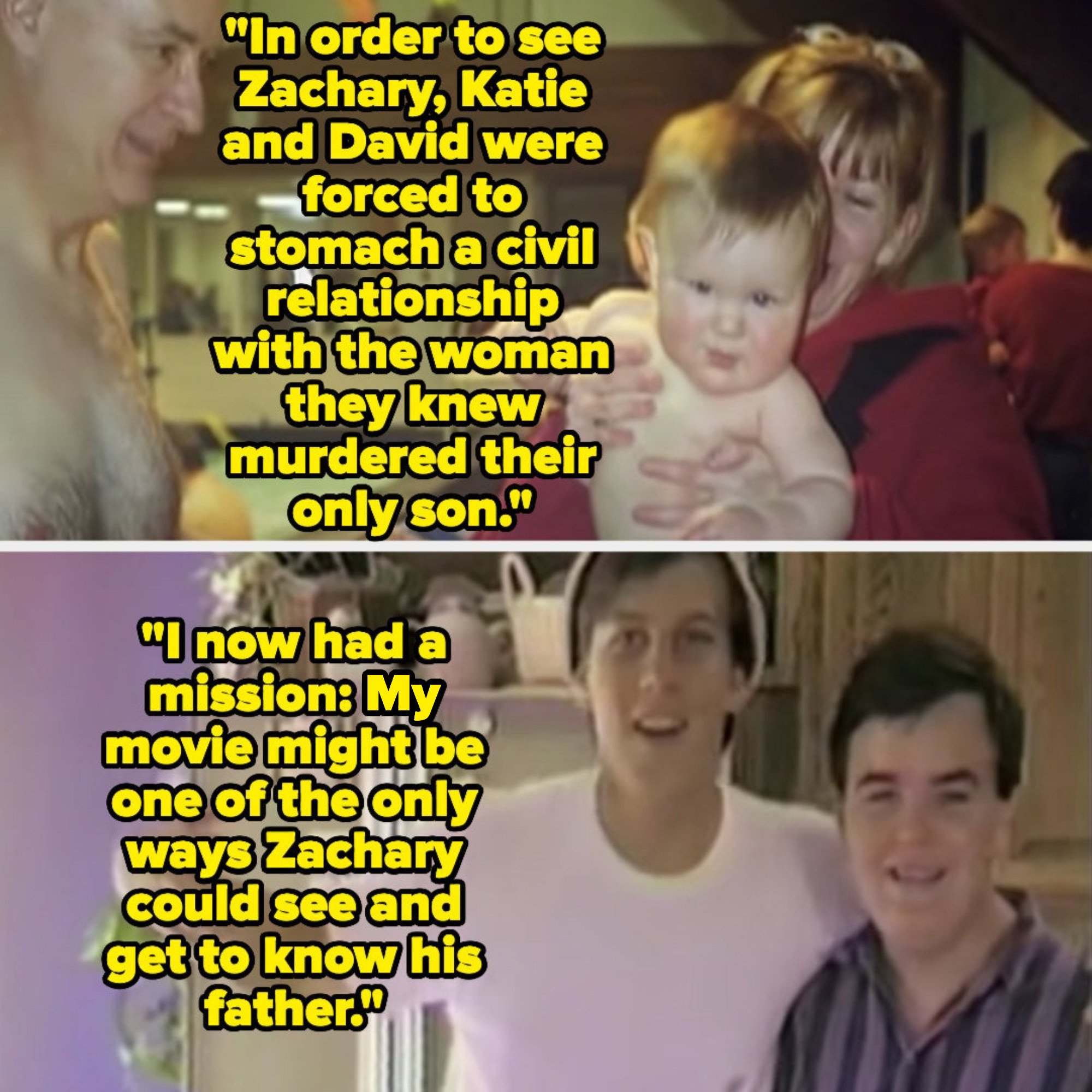 Kurt Kuenne describing how Andrew had to have a civil relationship with their son&#x27;s murderer to be able to see Zachary, and how he took on a mission to make a movie so Zachary could get to know his father