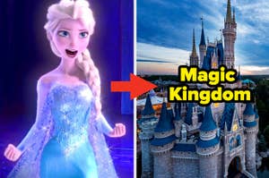 Elsa is on the left with an arrow pointing at a castle labeled, "Magic Kingdom"