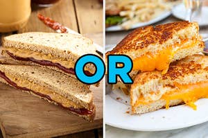 On the left, a peanut butter and jelly sandwich cut in half diagonally, and on the right, a grilled cheese sandwich cut in half diagonally with "or" typed in the middle