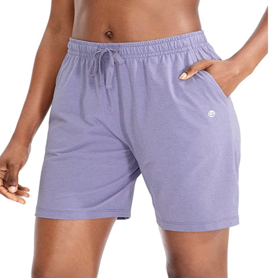 A pair of purple, 7 inch, women&#x27;s drawstring athletic shorts