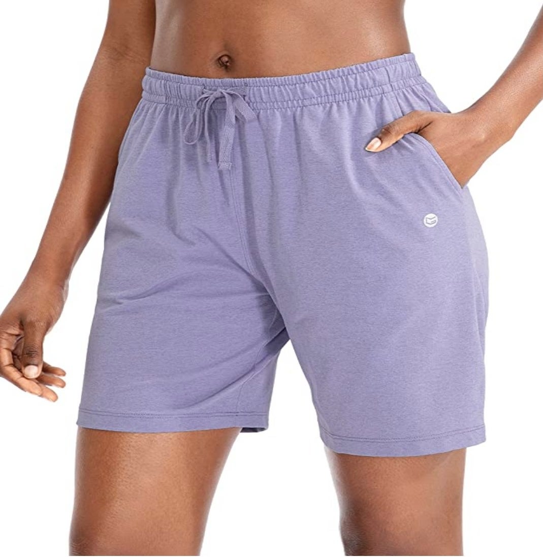 A pair of purple, 7 inch, women&#x27;s drawstring athletic shorts