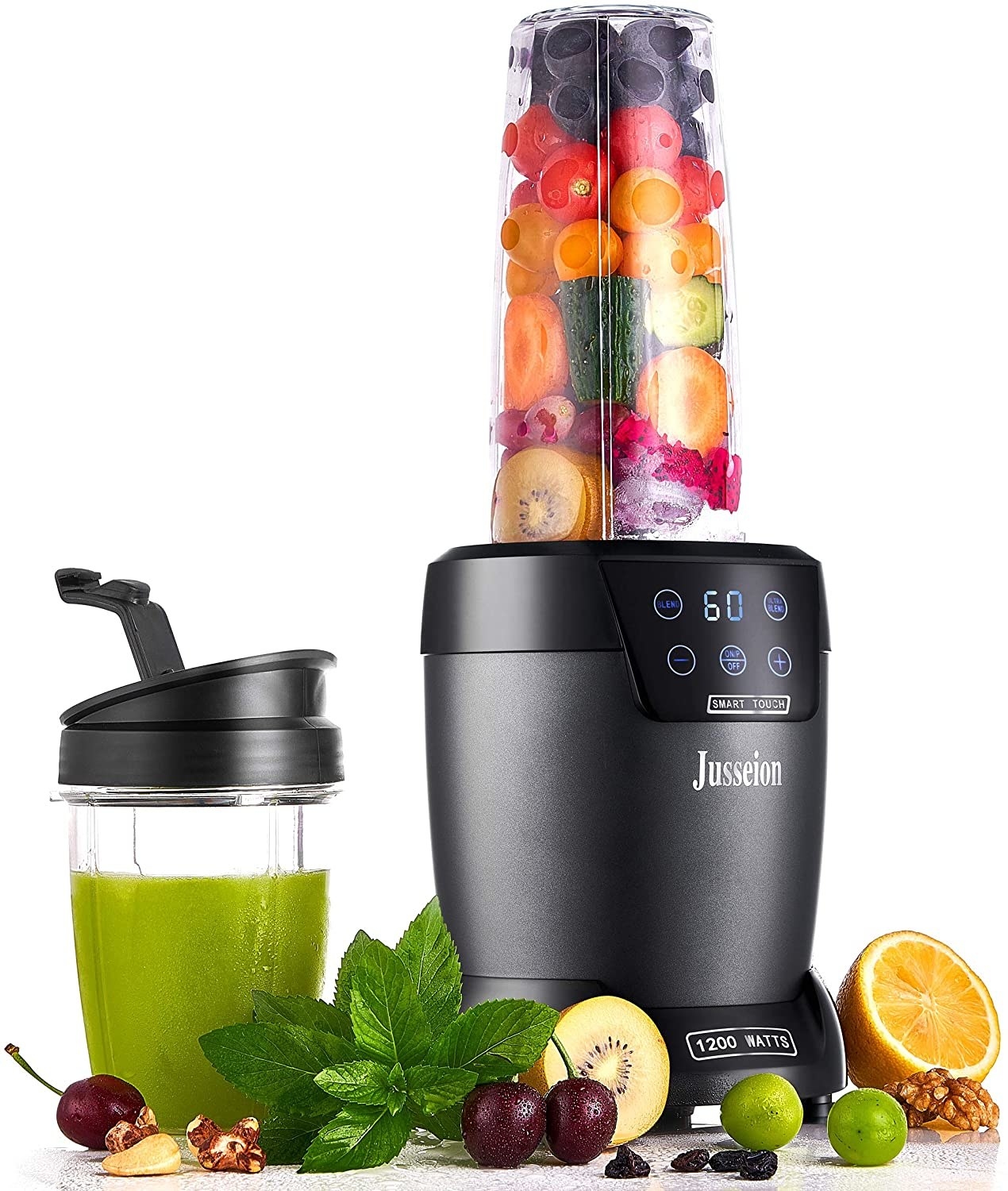 A picture of the blender with fruits, vegetables, and a green smoothie surrounding it