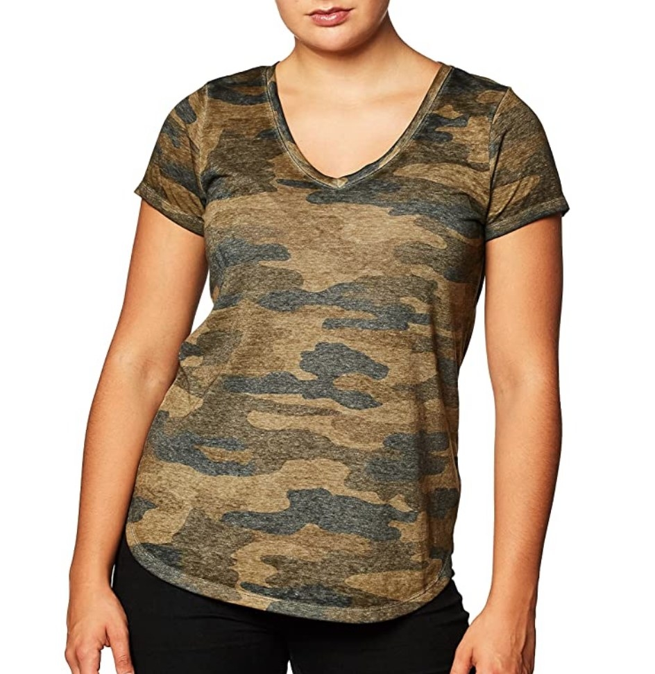 A women&#x27;s Lucky camo v-neck tee in &quot;multi-green&quot;