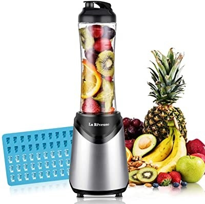 A photo of the blender, an ice tray and fruit
