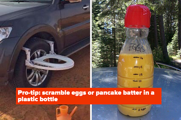 Toilet attached to car tire; eggs scrambled inside of a water bottle