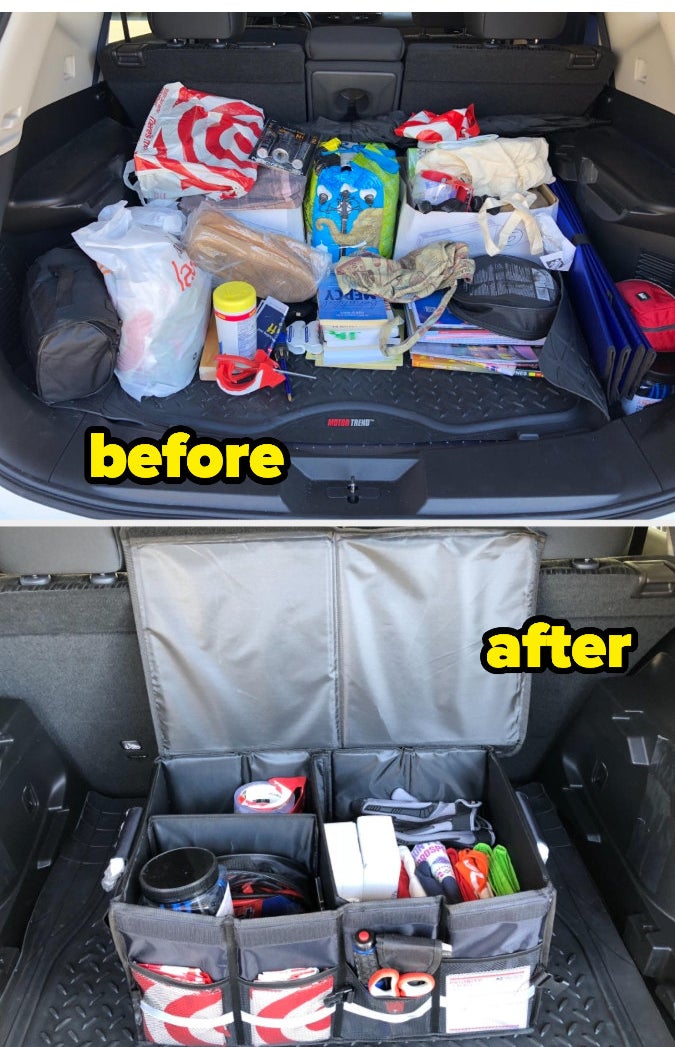 a before and after of messy cargo trunk space and an organized cargo trunk space with extra room now that everything has a place inside the organizer