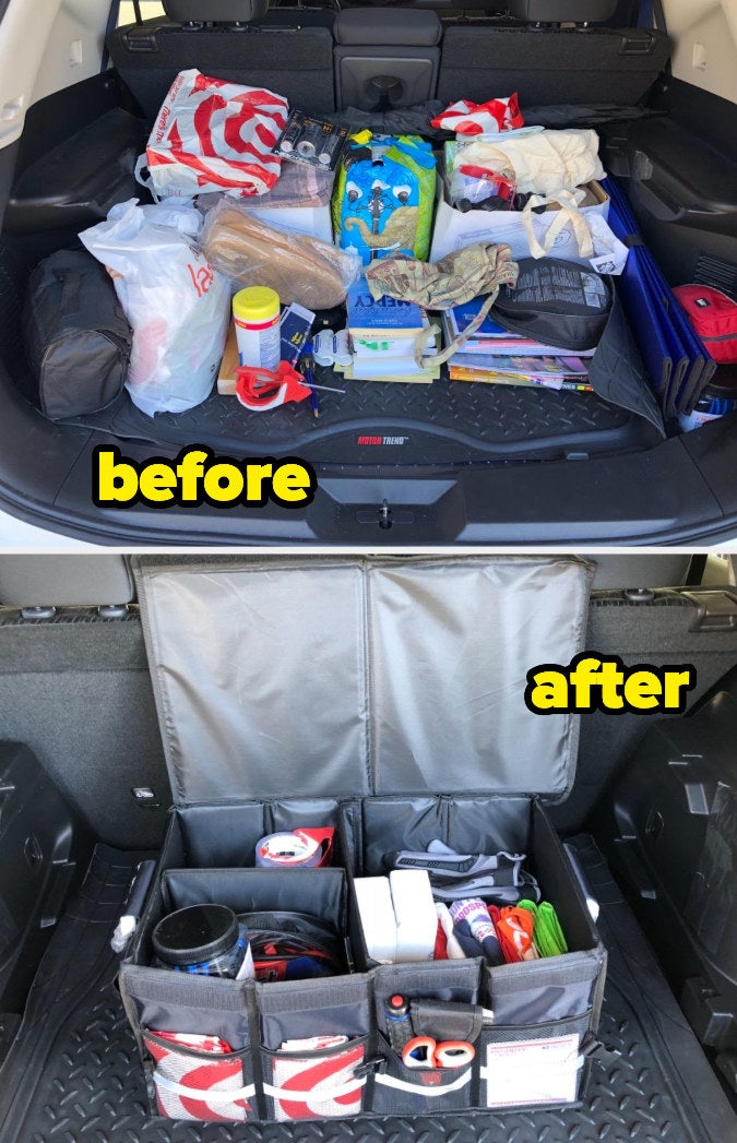a before and after of messy cargo trunk space and an organized cargo trunk space with extra room now that everything has a place inside the organizer