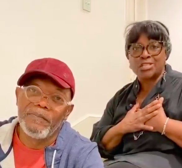 Samuel L. Jackson and LaTanya Richardson Jackson making a video for healthcare workers