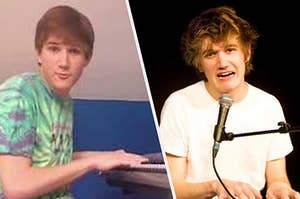 Bo burnham in his room as a kid and then him on stage making a silly face