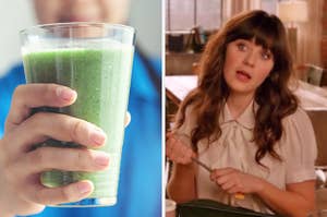 On the left, someone holding a green smoothie, and on the right, Jess from "New Girl"