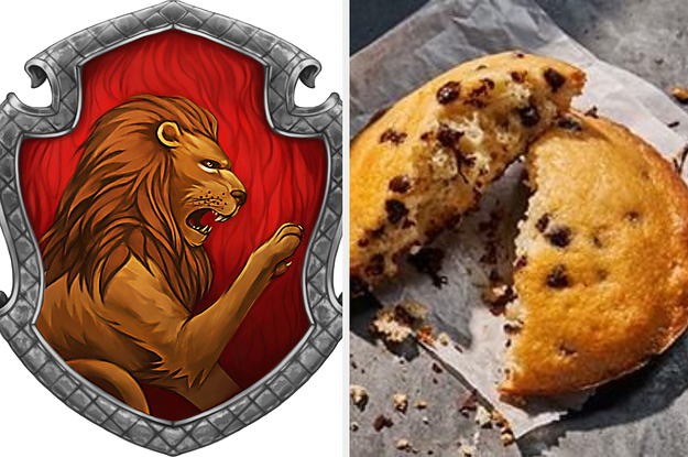 A Gryffindor badge is on the left with a chocolate chip muffin on the right