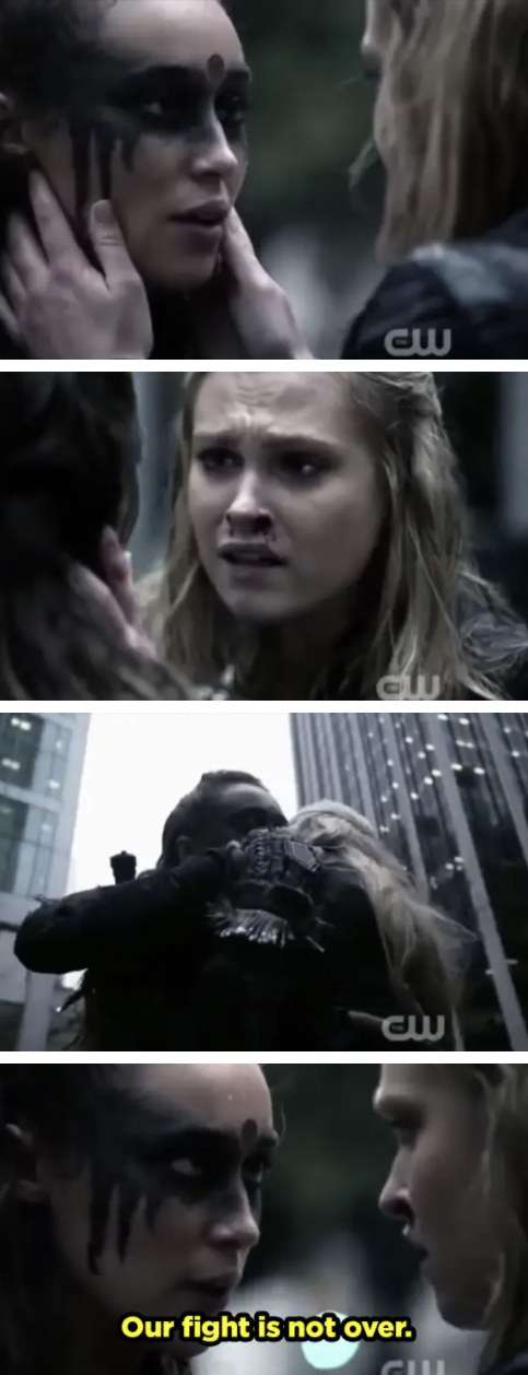 Lexa and Clarke gaze into each others eyes passionately. Lexa grabs Clarke and pulls her in for a hug and says, &quot;our fight is not over.&quot;