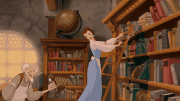 Belle in Beauty and the Beast on a rolling ladder sliding across a ceiling-height bookshelf while and old man bookkeeper looks on with a smile