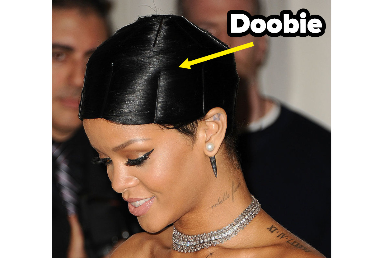 Rihanna with her hair styled in a doobie