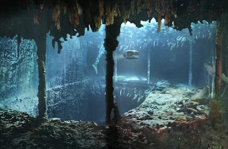 The grand staircase underwater, rusted out and unrecognizable