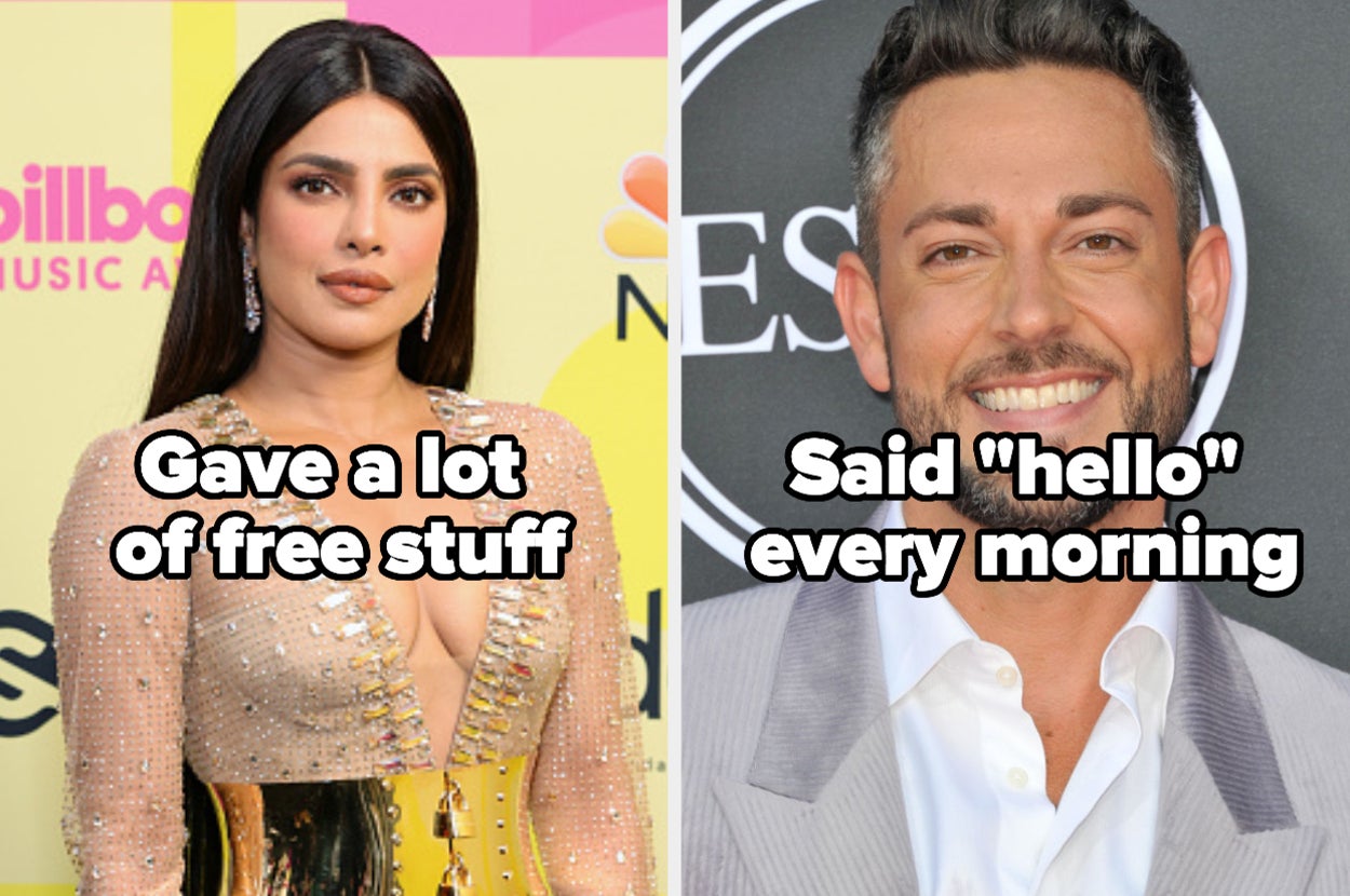 priyanka chpora with the text "gave a lot of free stuff" and zachary levi with the text "said hello every morning"