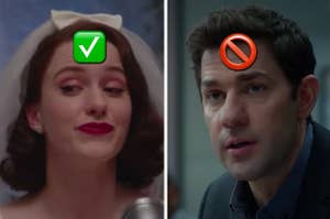 Mrs. Maisel is on the left marked with a check mark and Jack Ryan on the right with a skip emoji