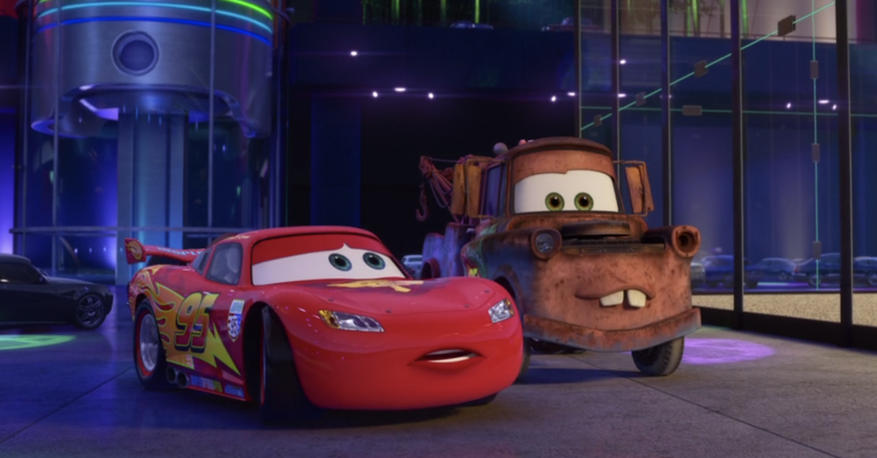 Lightning McQueen and Mater parked outside