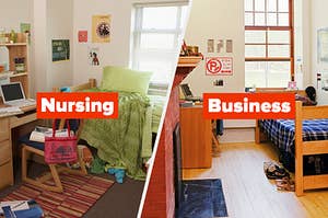 Two dorm rooms labeled "Nursing" and "Business"