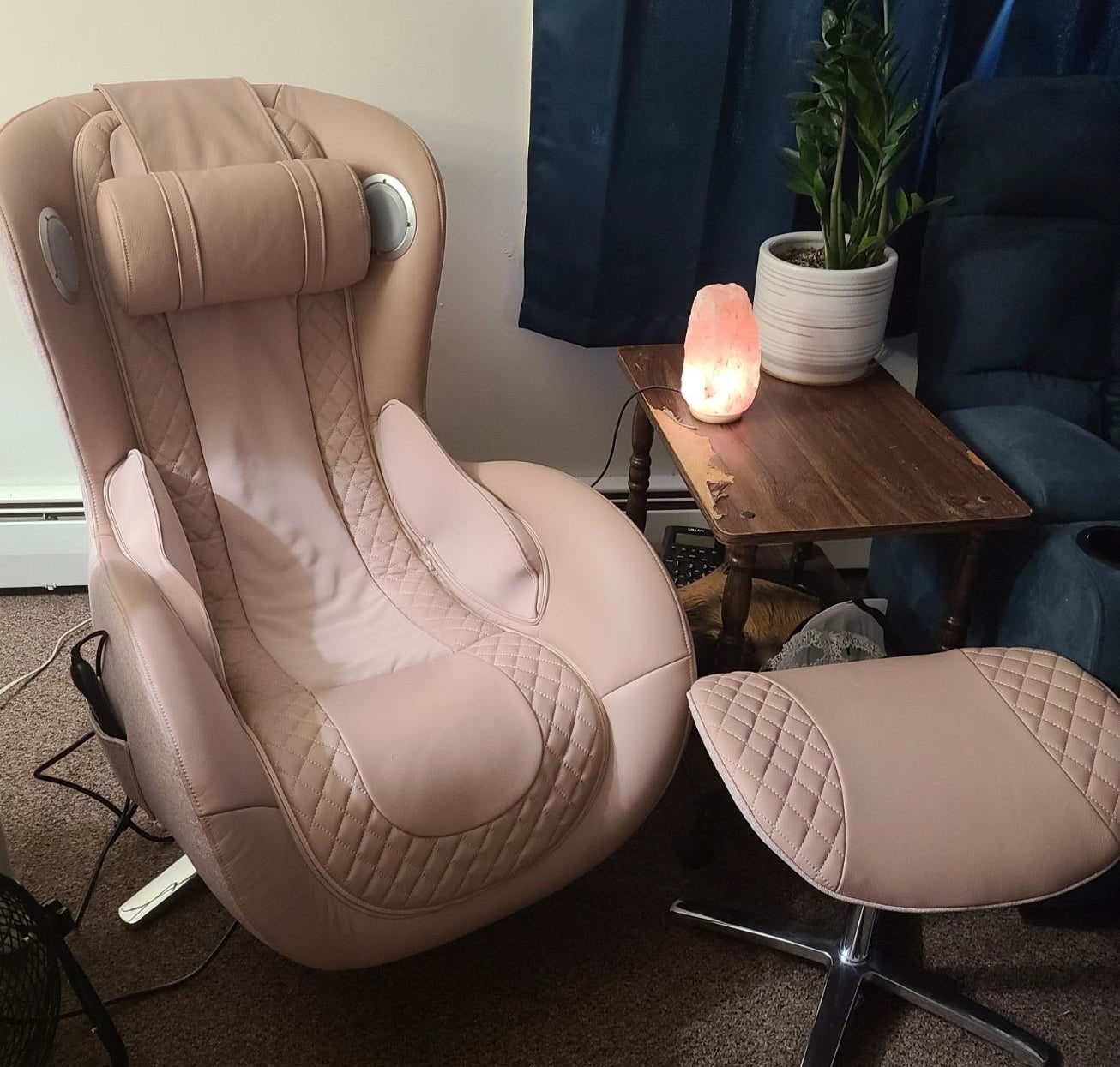 the pale pink chair and ottoman