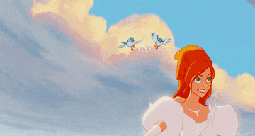 animated Giselle in Enchanted walking as birds put her crown on