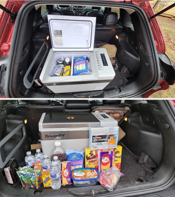 the top photo is a photo of the fridge in the back of a cargo trunk in an suv and the bottom photo is all of the food and drinks they were able to fit inside of the fridge