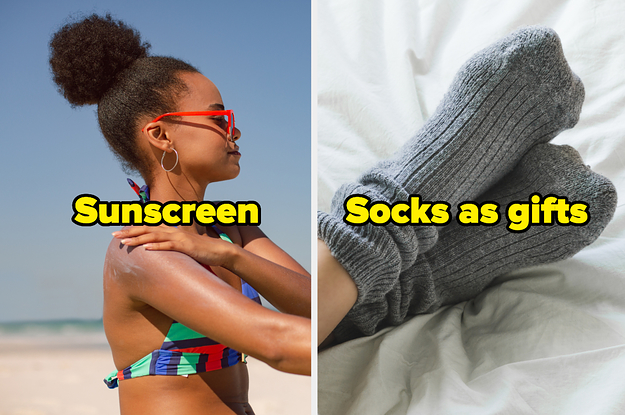 Woman putting on sunscreen and a person wearing socks with the words