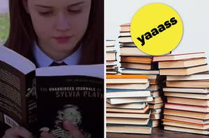 Rory Gilmore is on the left reading a book with a stack of books on the right labeled, "yasss"