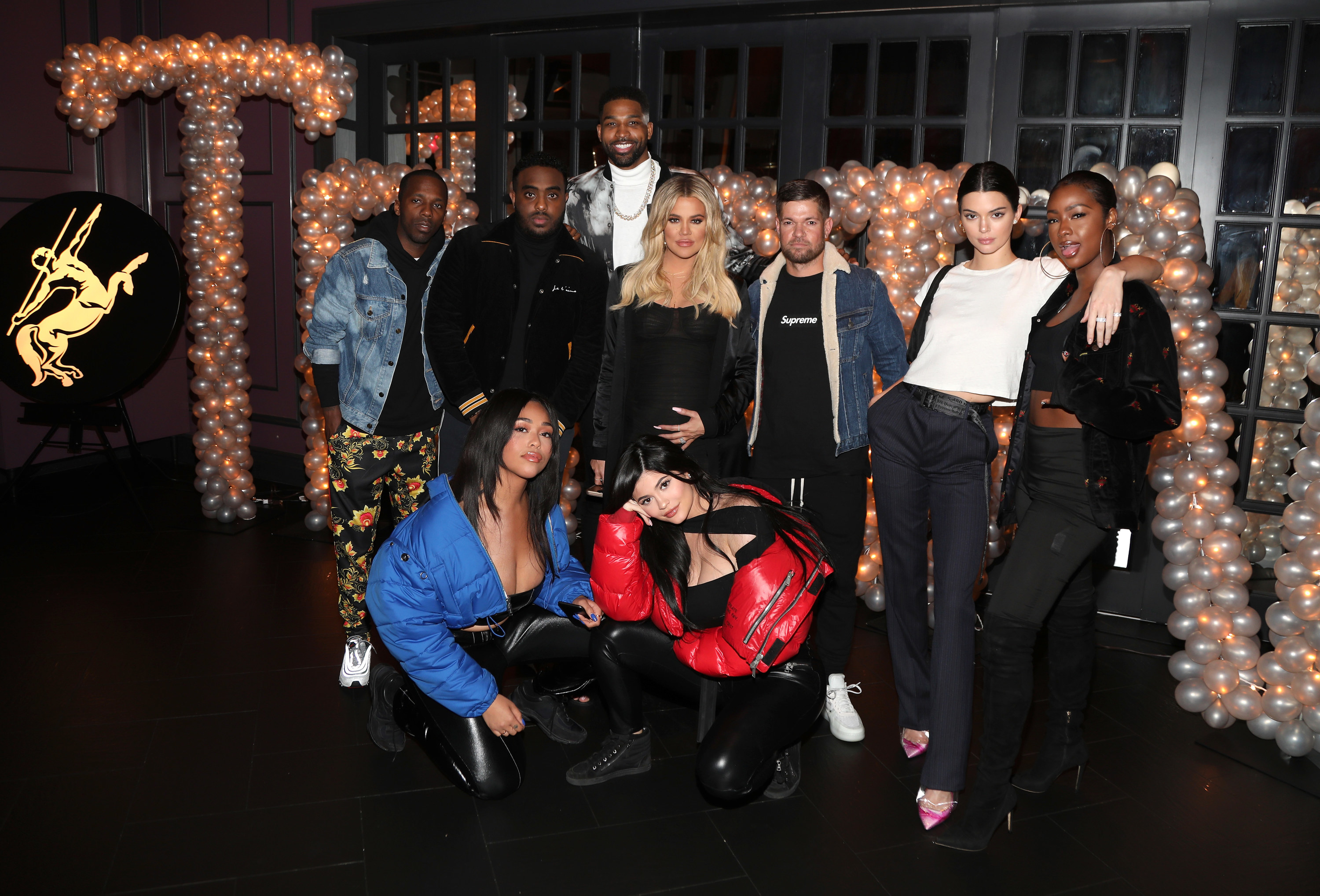 Rich Paul, Simon, Tristan Thompson, Khloe Kardashian, Lucas Newton, Kendall Jenner, Justine Skye, Jordan Woods and Kylie Jenner pose for a photo at Tristan Thompson&#x27;s birthday party