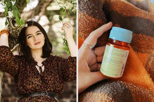 side-by-side of the author posing under a tree, and the author's hand holding her bottle of pills